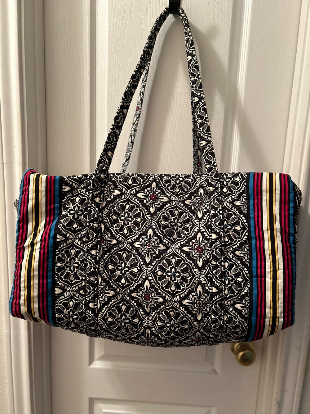 Vera Bradley Black Quilted Tote with Multicolor Stripe Sides